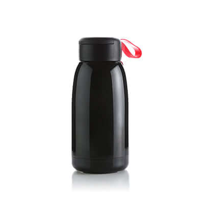 Hello Stainless Steel Thermos in sleek black color with red lid, perfect for on-the-go hydration and a great corporate gift.