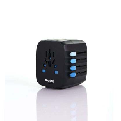 4 USB Travel Adapter with bimetallic thermal sensor and auto-resetting fuse, ideal corporate gift.