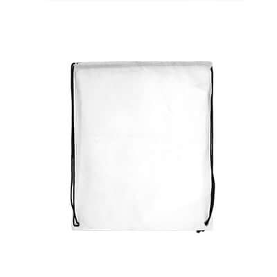 80gms Non-Woven Drawstring Bag in white color with black drawstrings, perfect for corporate gifts.