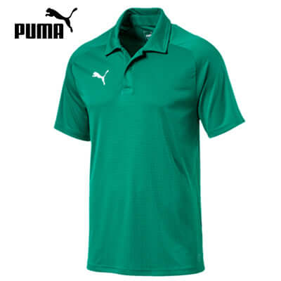 Puma Liga Sideline Polo in green color, featuring breathable fabric and dryCELL technology, perfect as a corporate gift.