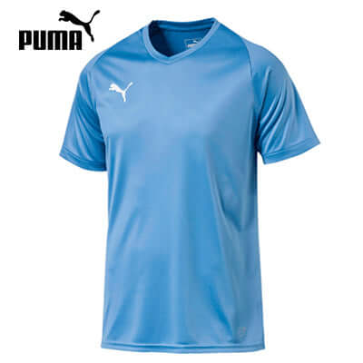 Puma Liga Sideline Tee Shirt in light blue, made from breathable mesh fabric for enhanced airflow and comfort.