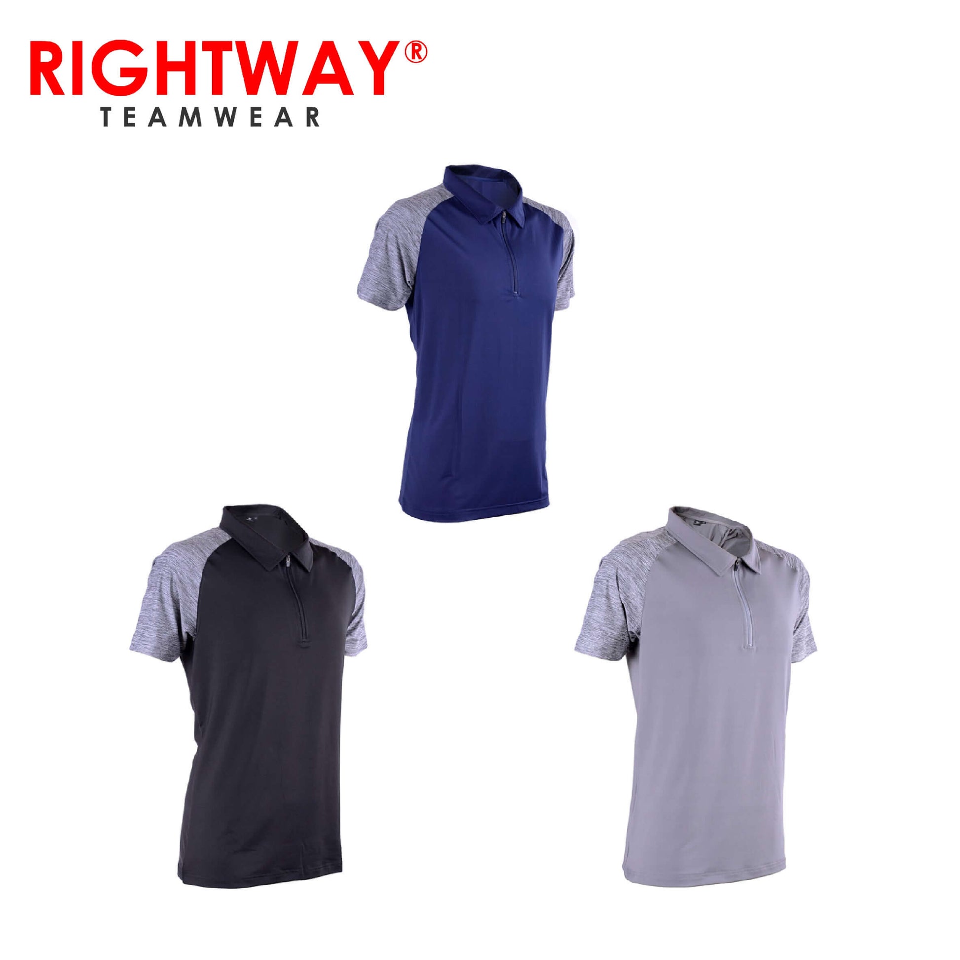 Rightway MOZ 44 Zipper Under-Armour Inspired polo shirts in navy, black, and grey for active men.