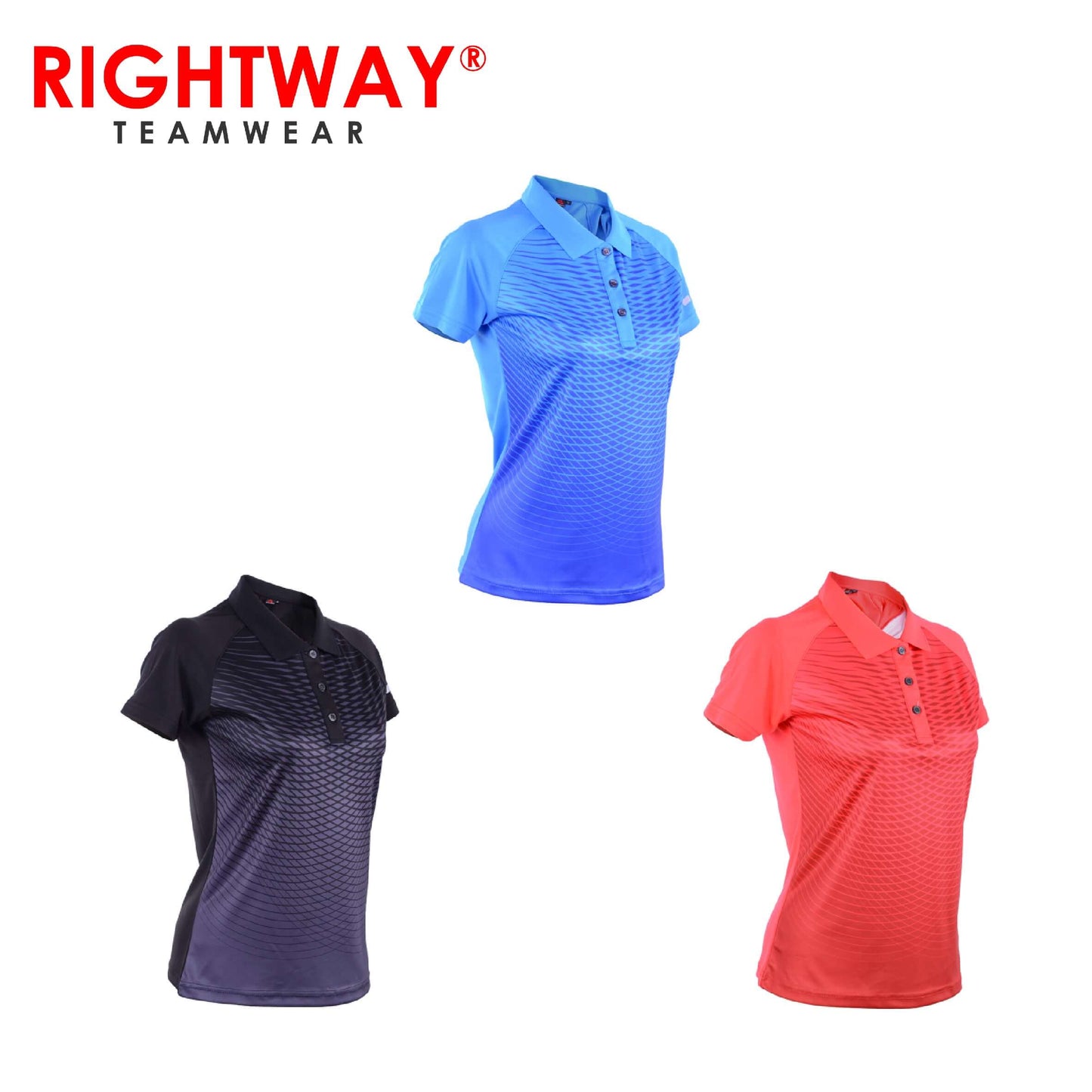Rightway WOF 32 Women Reflective Collared Sublimation Polo T-Shirt in blue, black, and red colors.