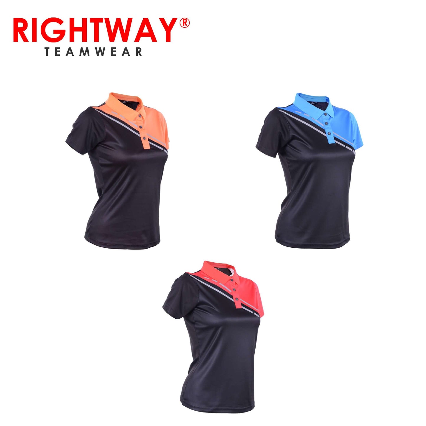 Rightway WOP 43 Women Reflective Cross Design Polo T-Shirt in three color options.