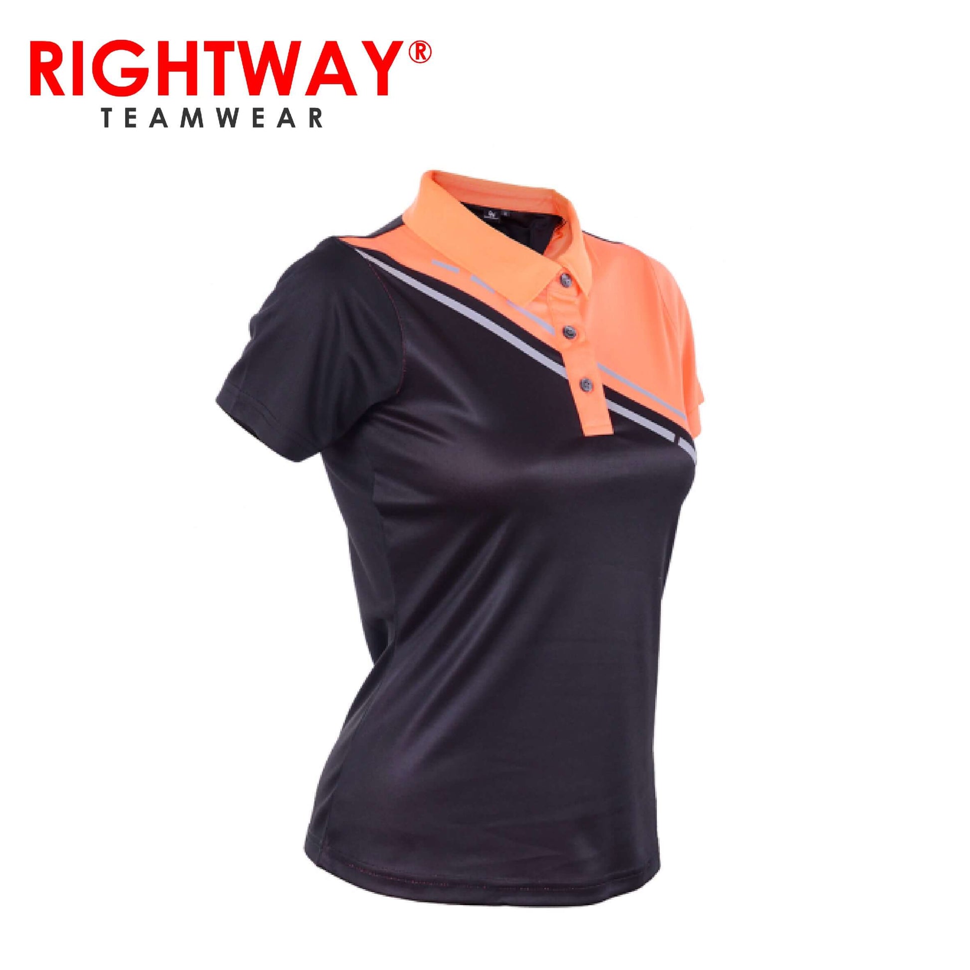 Rightway WOP 43 Women Reflective Cross Design Polo T-Shirt in black and orange, perfect as a corporate gift.