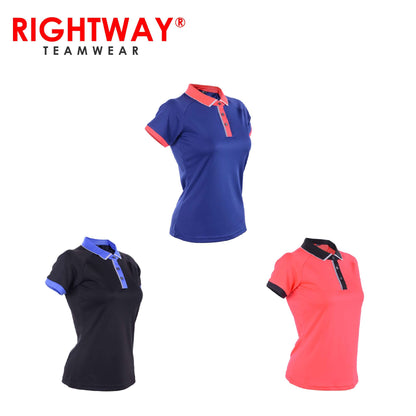 Rightway WOP 46 Women Reflective Placket Design Polo T-Shirt in three colors: black, navy, and red.