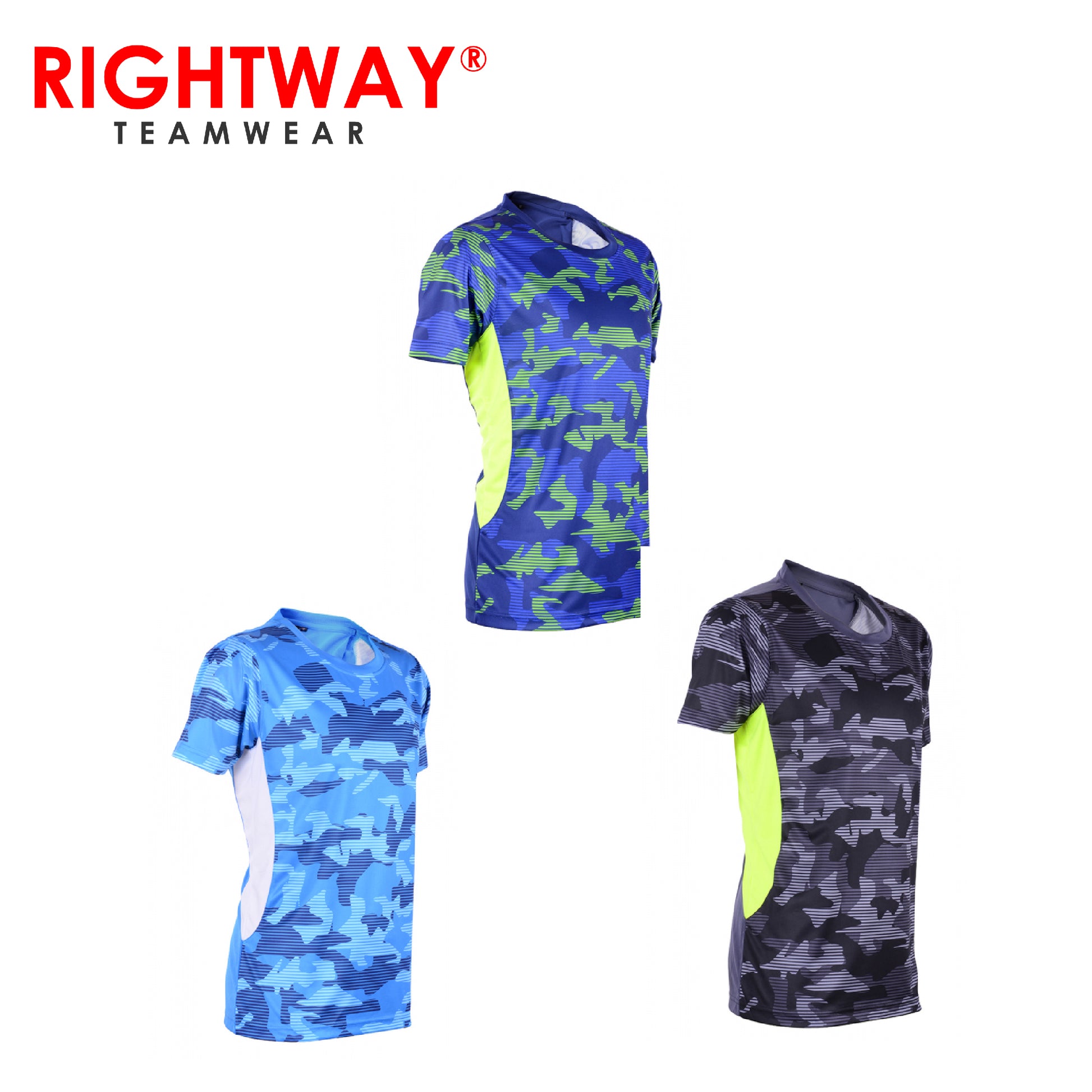Rightway MOR 39 Sublimation Round Neck T-Shirt in blue and black camouflage designs, perfect for sports and corporate gifts.