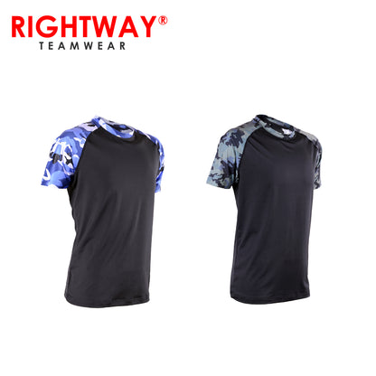 Rightway MOR 47 Sublimation Round Neck T-Shirt in black with camouflage sleeves, perfect for sports and outdoor activities.