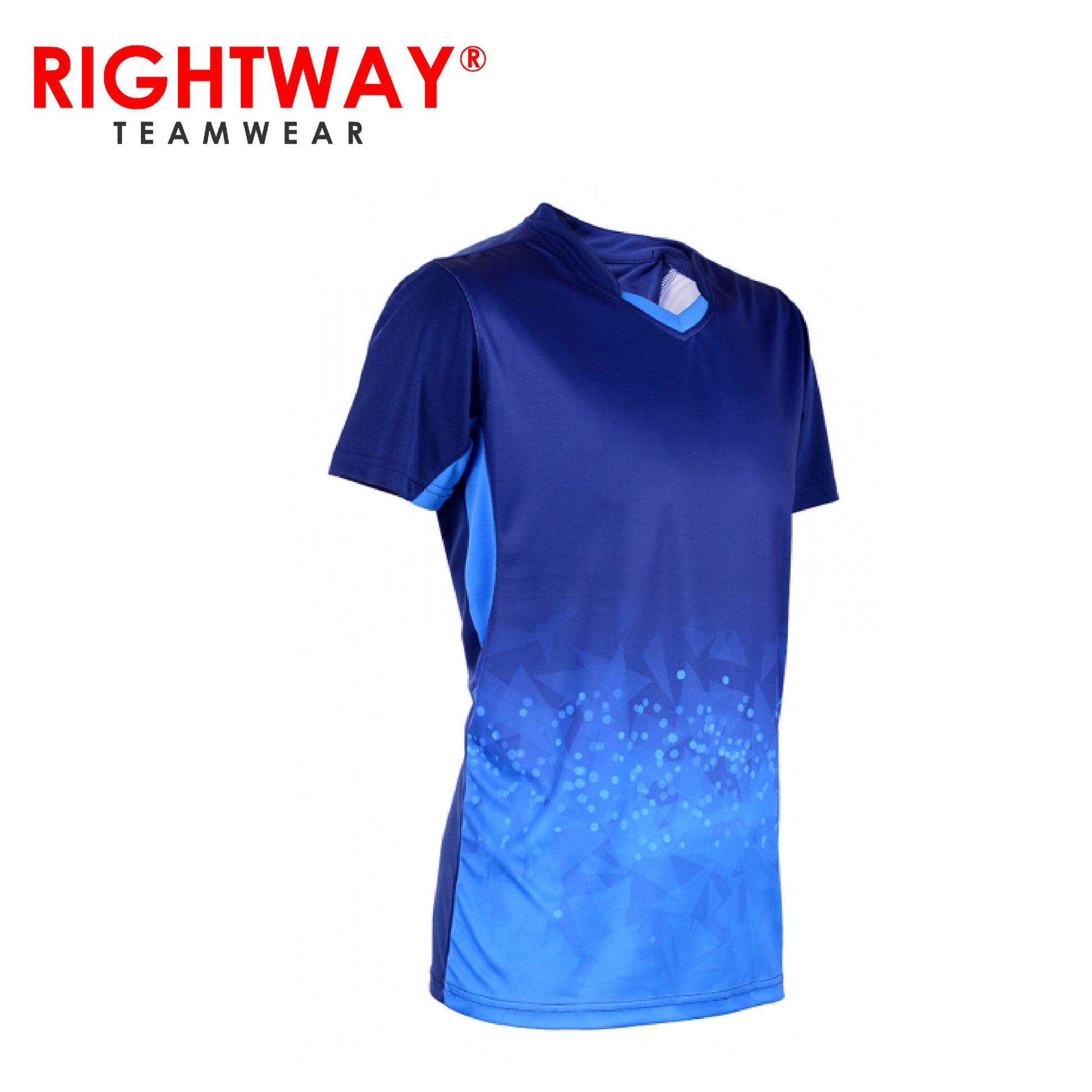 Rightway MOV 40 Neon-Tech Twilight V-Neck T-Shirt featuring a gradient design in shades of blue.
