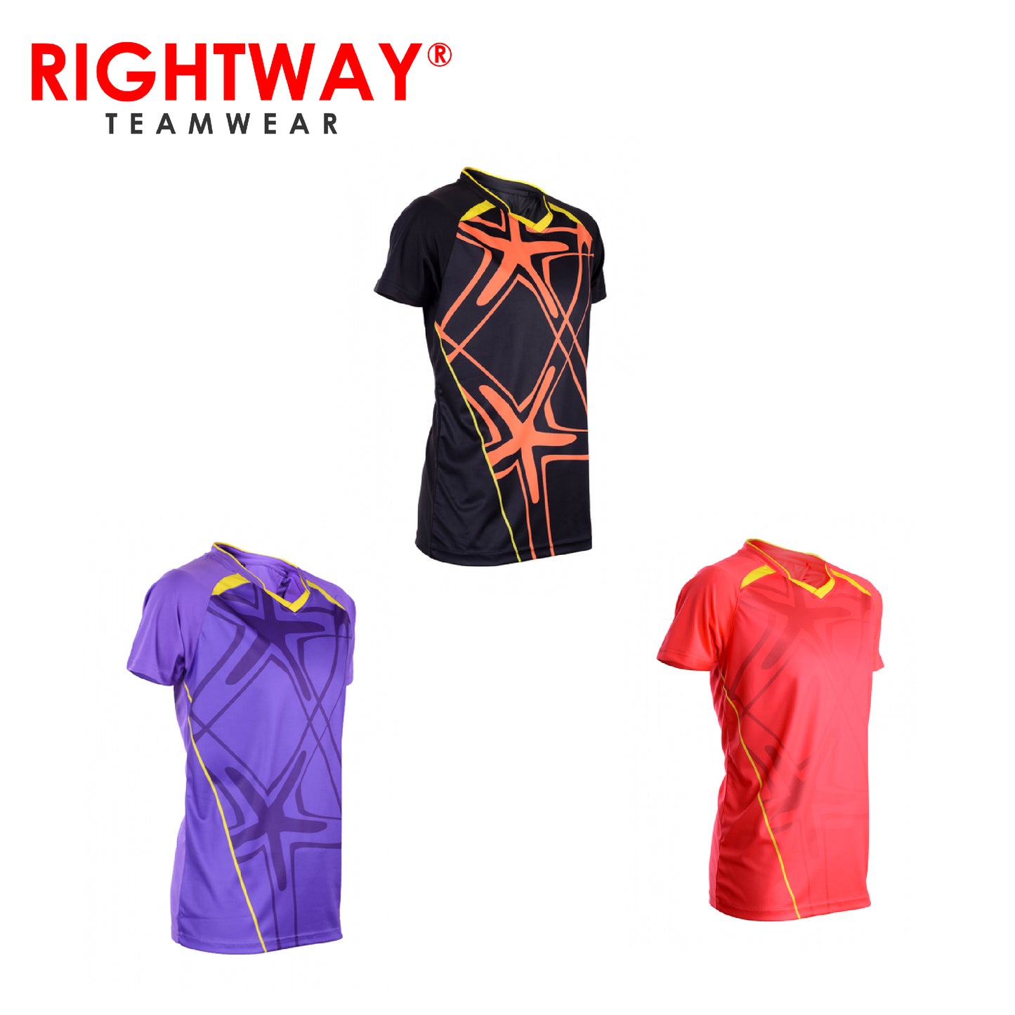 Rightway MOV 41 Neon-Tech Red Hawk V-Neck T-Shirt in red, black, and purple, ideal for corporate gifts.