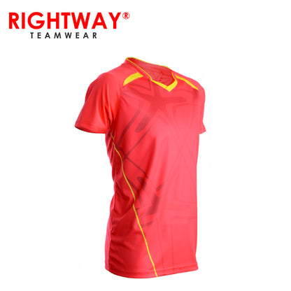 Rightway MOV 41 Neon-Tech Red Hawk V-Neck T-Shirt in vibrant red with yellow accents, perfect for casual outings and corporate gifts.
