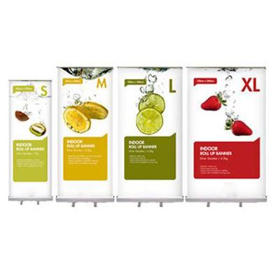 Various sizes of Roll Up Banner displaying fresh fruits, ideal for indoor marketing and promotion.