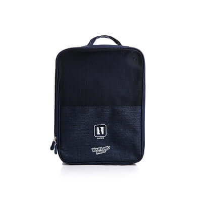 Snow Canvas Shoe Pouch in navy color with handle, ideal for organizing footwear while traveling.