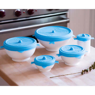 Storage Lid Set in various sizes with blue silicone lids, perfect for food storage and organization.