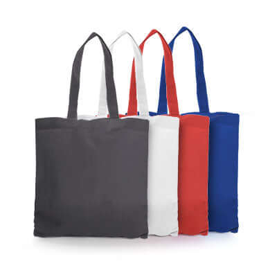Non Woven Small Zeus Convention Tote Bag in four colors: gray, white, red, and blue, perfect for corporate gifts.