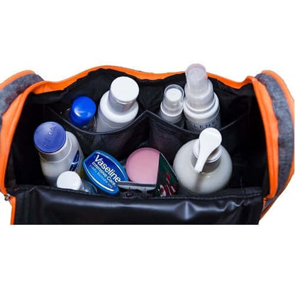 Inside view of the 2 Tone Nylon Toiletries Bag featuring organized personal care products.
