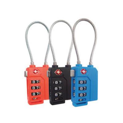 TSA Metal Lock in vibrant orange, black, and blue colors, ideal for secure luggage during travel.