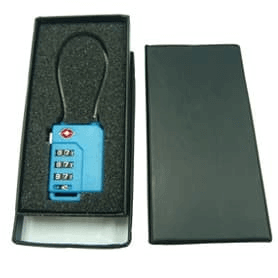 TSA Metal Lock in blue with 3 dials displayed in a sleek black gift box