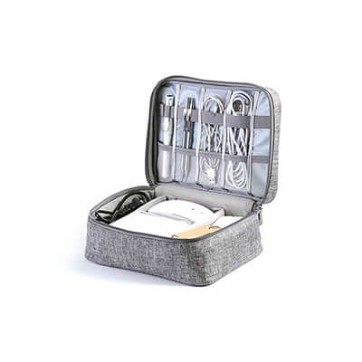 Travel Digital Pouch opened, showcasing compartments for organizing cables and gadgets, perfect for travel and corporate gifts.