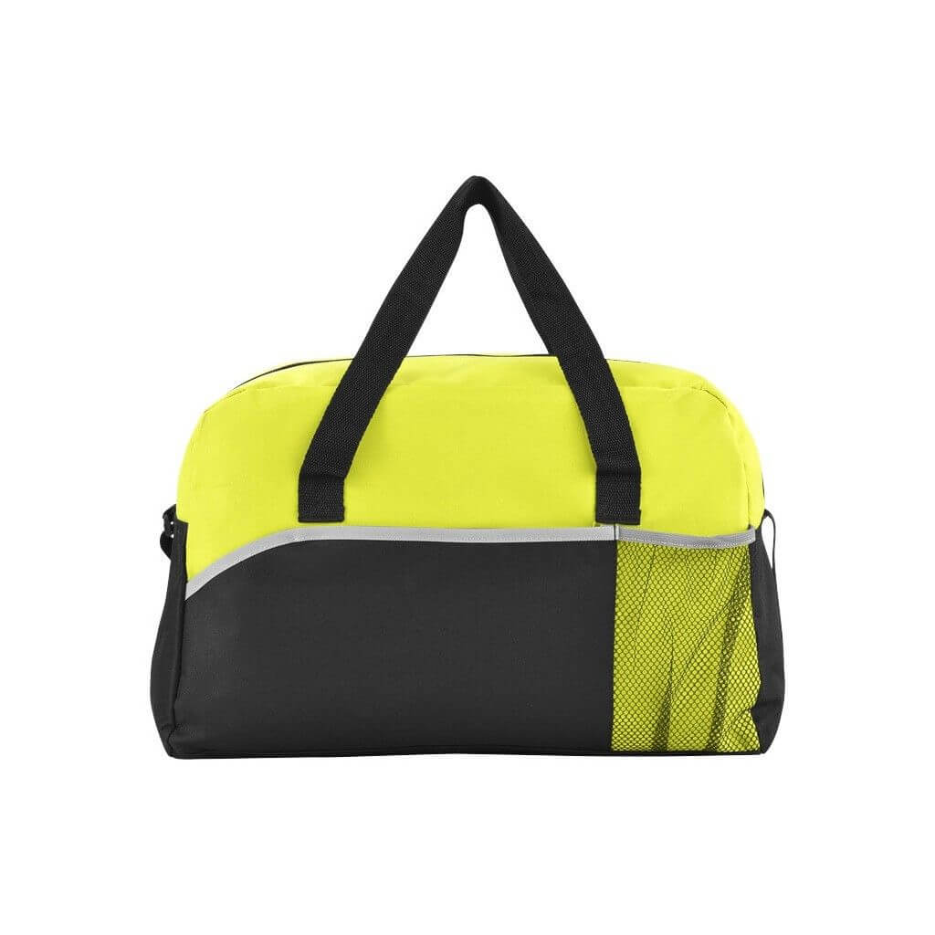 Energy Duffel Bag in bright yellow and black with mesh pocket, ideal as a corporate gift.