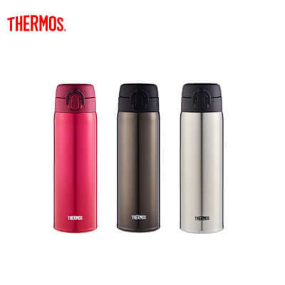Thermos One-Push Tumbler JNX-500S in red, black, and silver colors for stylish beverage enjoyment.