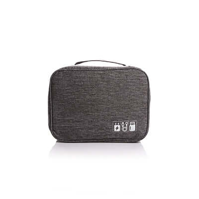 Travel Digital Pouch in stylish black fabric with icons for charging and data storage.