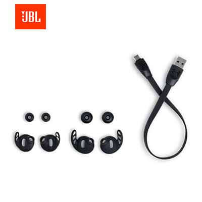 Under Armour® True Wireless Flash – Engineered by JBL® accessories including ear tips and charging cable.