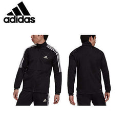 adidas Aeroready Sereno Cut 3-Stripes Slim Track Jacket in black, showcasing front and back views