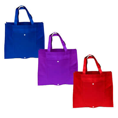 Three 90gsm Foldable Non-Woven Bags in blue, purple, and red, showcasing their practical and eco-friendly design.