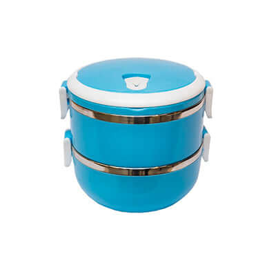 Round-shaped Stainless Steel Lunch Box in vibrant blue color with innovative safety lock and 2-tier design.