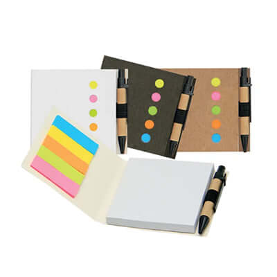 Memopad With Pen & Sticky Note set in eco-friendly colors with sticky notes and pen.