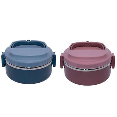 Round Single Layer Lunch Box in blue and pink, ideal for meal prep and corporate gifts.