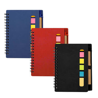 Eco Notepad with Pen and Sticky Notes in blue, red, and black, perfect for corporate gift ideas.