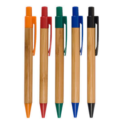 Eco Friendly Bamboo Pen in five vibrant colors: orange, red, green, blue, and black for eco-conscious stationery.