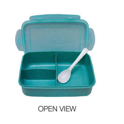 Wheat Fiber lunchbox with Spoon open view showcasing the turquoise color and divided compartments for meal prep.