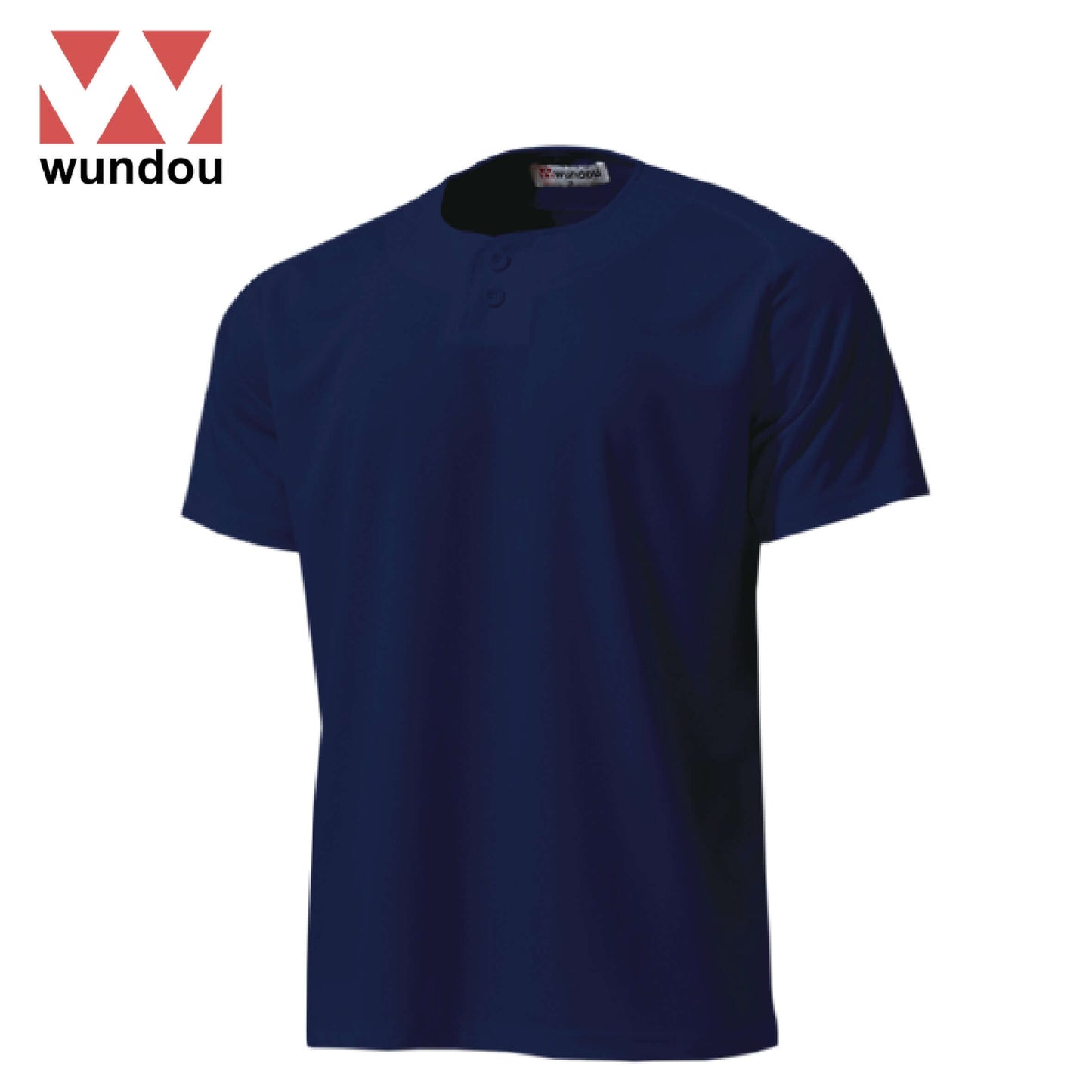 Wundou P2710 2-Button Baseball Jersey in navy, ideal as a corporate gift for baseball enthusiasts.