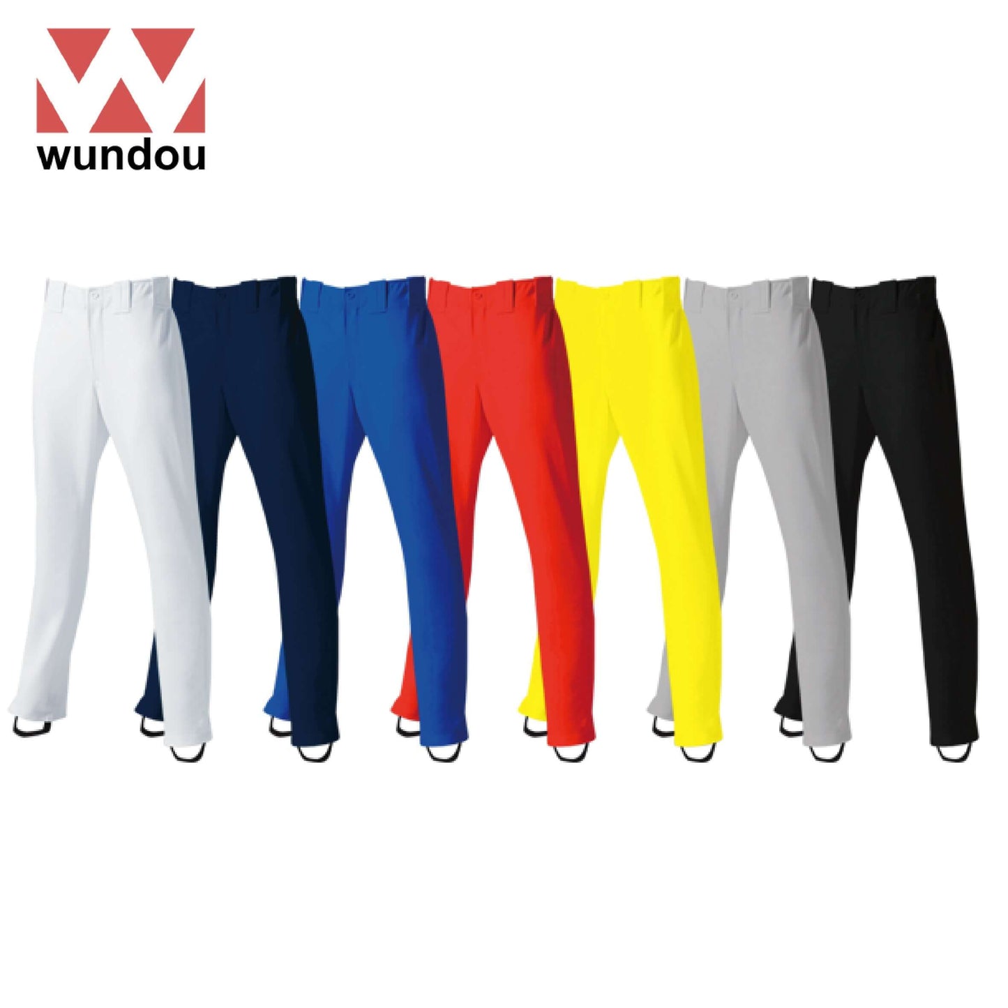 Wundou P2760 Full-Length Straight Baseball Trousers in various colors including white, blue, red, yellow, gray, and black.