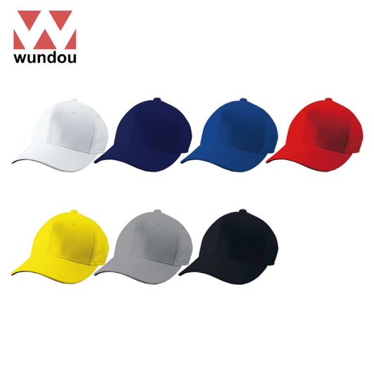 Wundou P81 6-Panel Baseball Cap in various colors including white, blue, red, yellow, gray, and black.