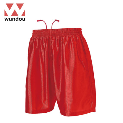 Wundou P8001 Football Shorts in red, featuring adjustable drawcord and side slits, ideal for athletes, corporate gift option.