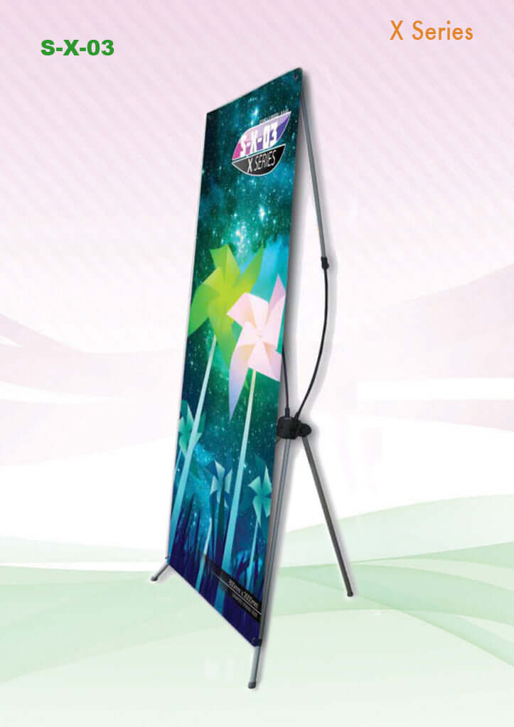 X-Stand Banner showcasing vibrant pinwheel design for promotional events and displays.