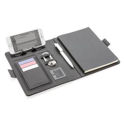 A5 Notebook with Wireless Charger 5W open layout showing phone holder, notepad, and accessories.