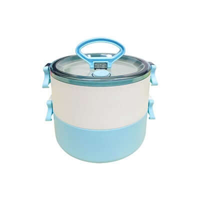 2-Tier Lunch Box with 2-in-1 fork & spoon in blue, perfect for organized lunches and corporate gifts.