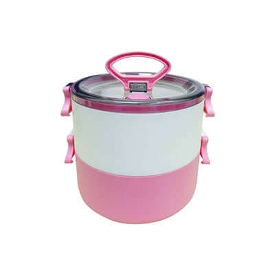 2-Tier Lunch Box with 2-in-1 fork & spoon in pink color, ideal for corporate gift and organized lunches.