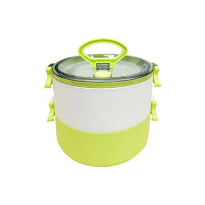 2-Tier Lunch Box with 2-in-1 fork & spoon in vibrant green color, compact and perfect for healthy lunches.