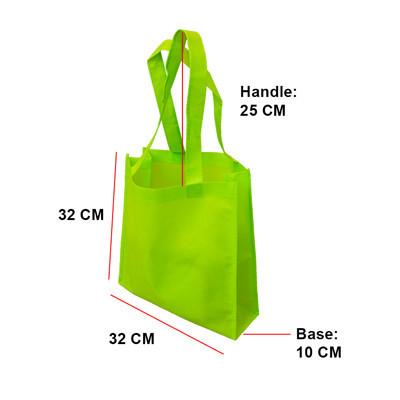 A4 Landscape Non Woven Bag in vibrant green color with dimensions marked: 32cm x 10cm x 32cm.