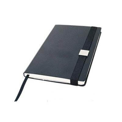 A5 Hardcover Notebook with elastic strap, sleek black design, adjustable metal plate closure, perfect for corporate gifts in Singapore.