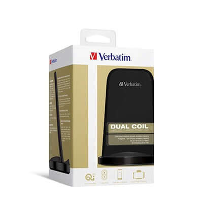 Verbatim 66096 15W Dual Coil Wireless Charger packaging with dual coil technology for fast wireless charging.