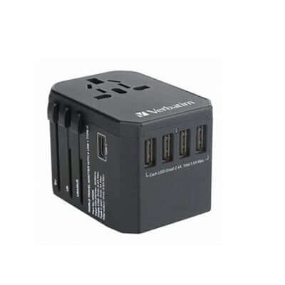 Verbatim 65686 4 USB and 1 Type C Ports Travel Adapter for global charging convenience.
