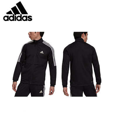 adidas Aeroready Sereno Cut 3-Stripes Slim Track Jacket in black, showcasing front and back views
