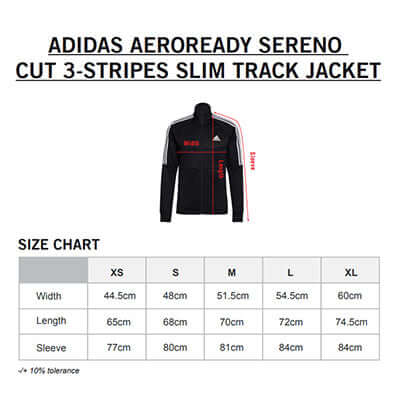 Size chart for adidas Aeroready Sereno Cut 3-Stripes Slim Track Jacket with measurements.